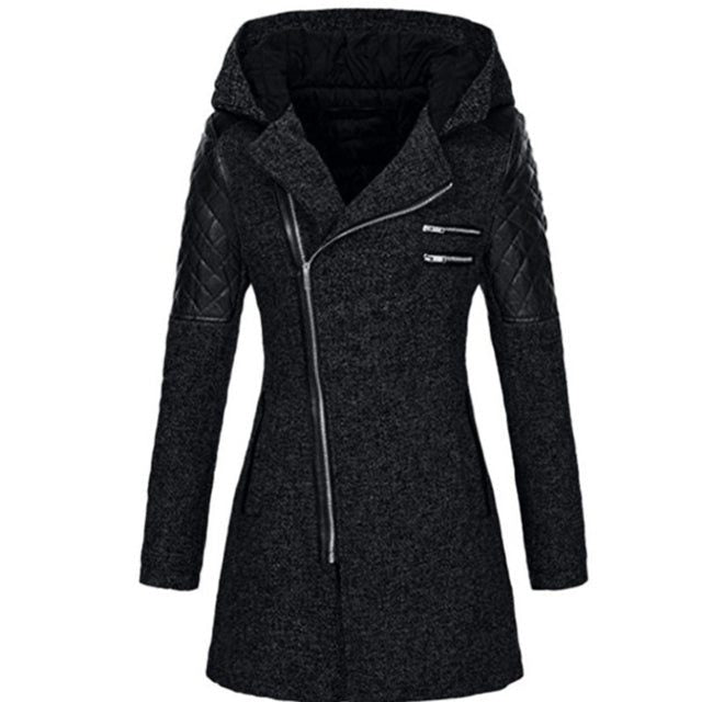 Lange Winterjas met Capuchon en Patchwork Materiaal voor Dames - Schwarz