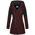 Lange Winterjas met Capuchon en Patchwork Materiaal voor Dames - Weinrot