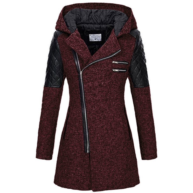 Lange Winterjas met Capuchon en Patchwork Materiaal voor Dames - Weinrot