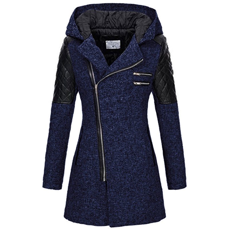 Lange Winterjas met Capuchon en Patchwork Materiaal voor Dames - Navy Blau