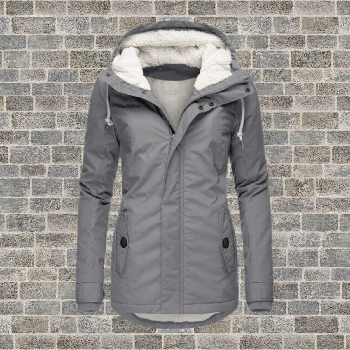 Lange Winterjas met Capuchon en Teddy Voering voor Dames - Grau