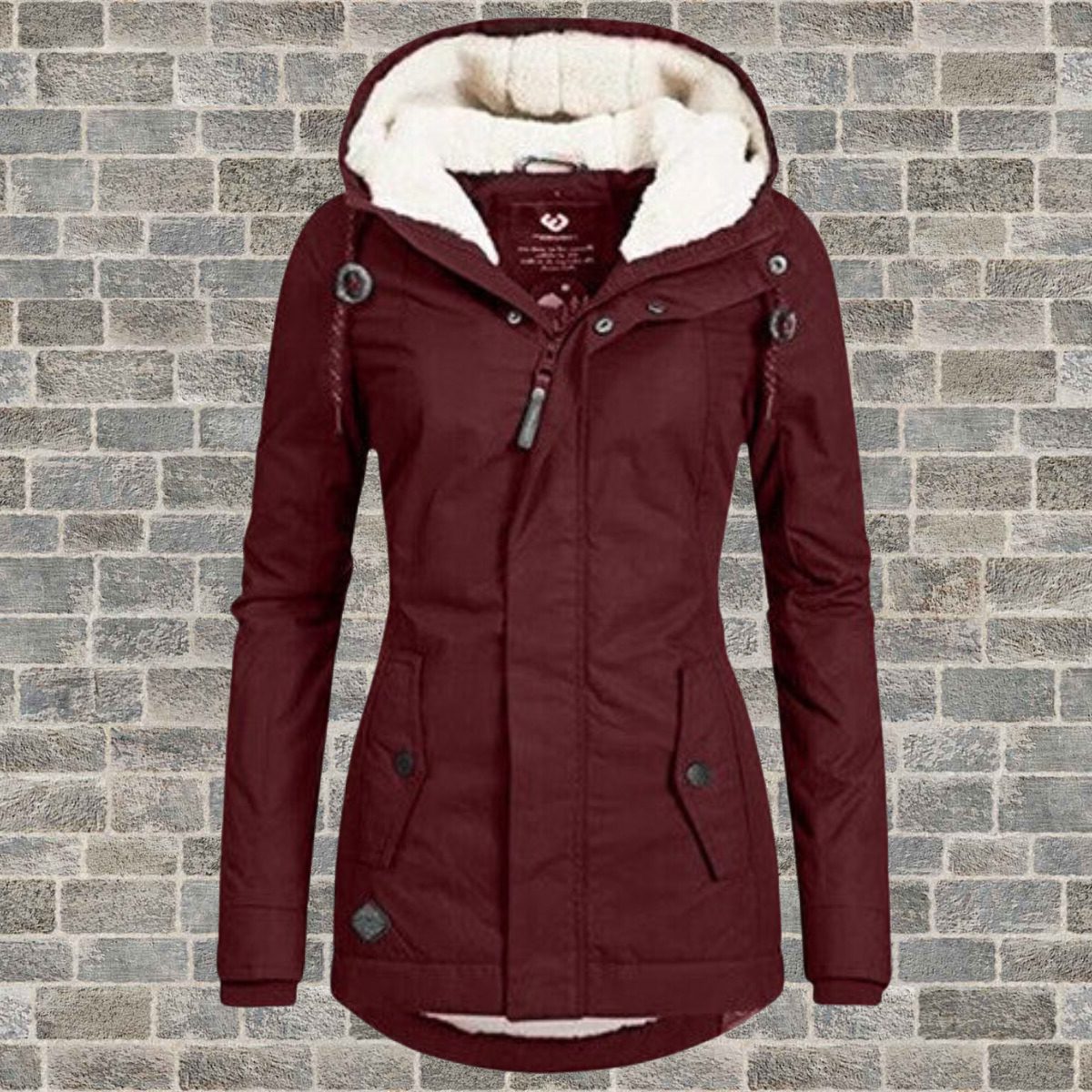 Lange Winterjas met Capuchon en Teddy Voering voor Dames - Weinrot