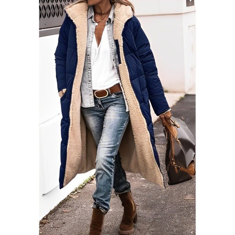 Lange Winterjas met Teddy Voering voor Dames - Marineblau