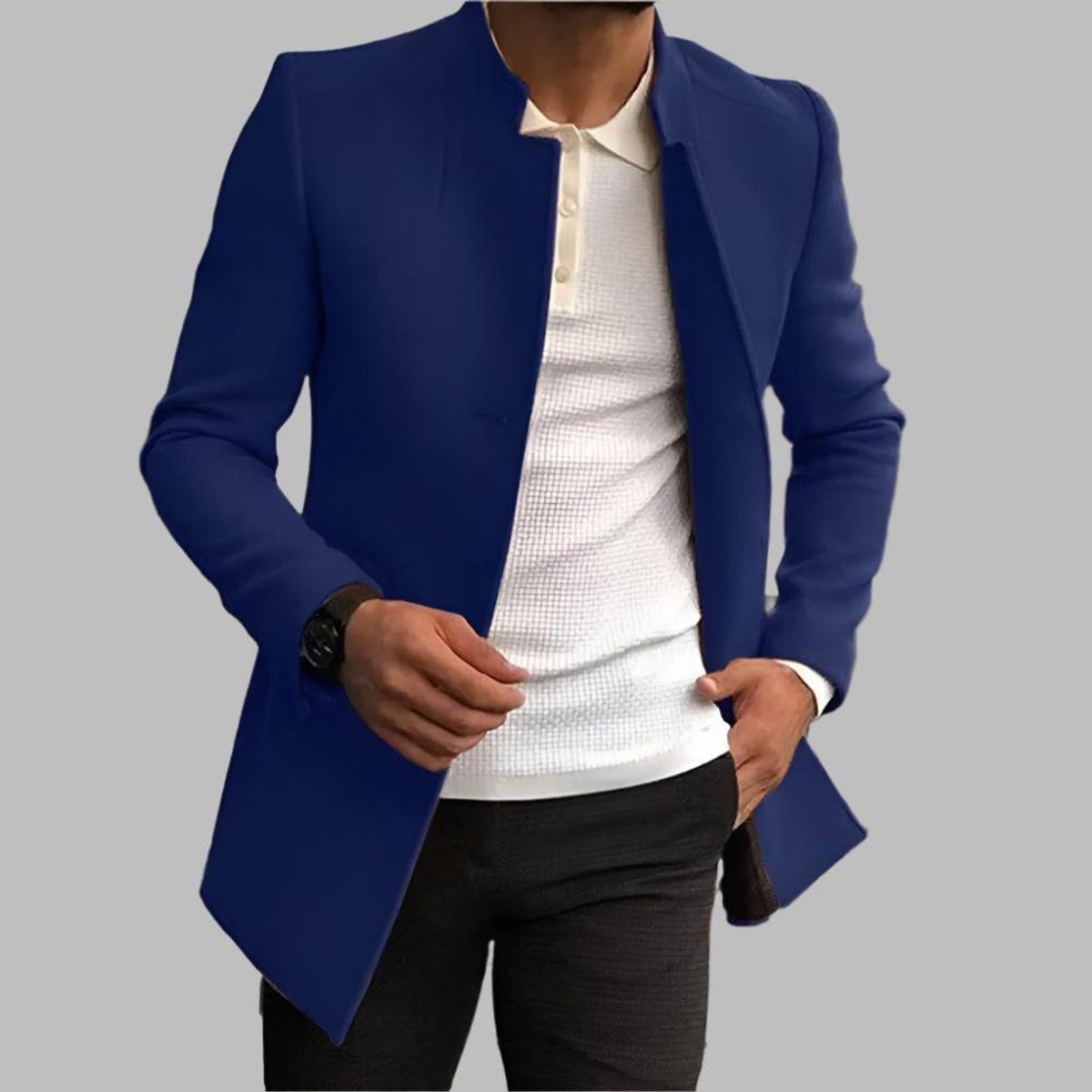Lange Wollen Jas met Opstaande Kraag voor Heren - Blau