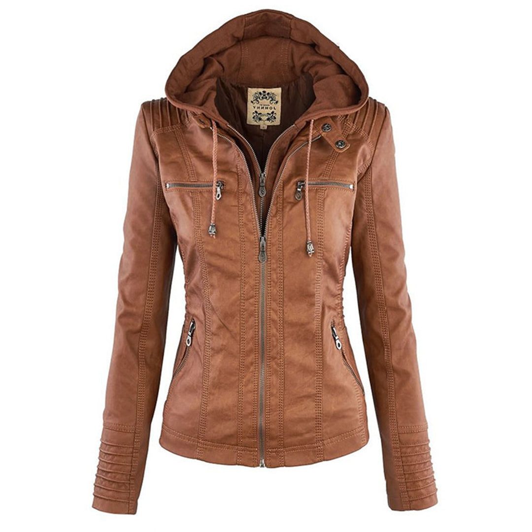 Leren Jas met Capuchon en Ritssluiting voor Dames - Khaki