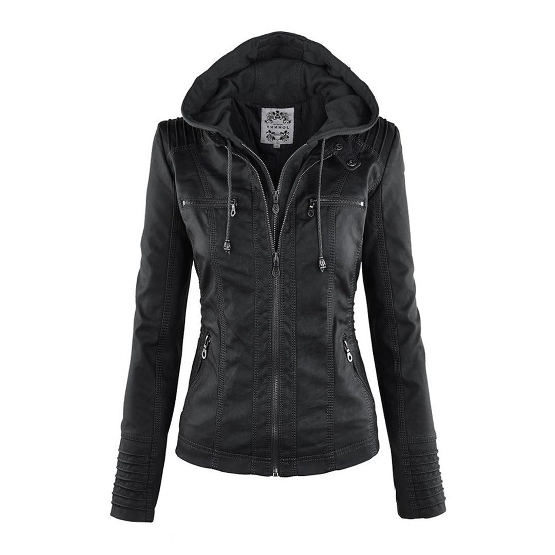Leren Jas met Capuchon en Ritssluiting voor Dames - Schwarz (2)