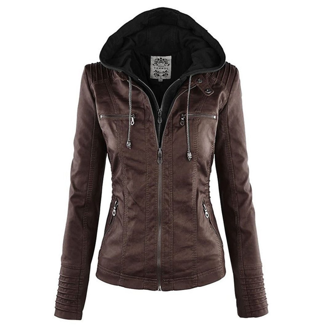Leren Jas met Capuchon en Ritssluiting voor Dames - Braun (2)