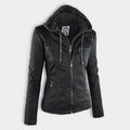 Leren Jas met Capuchon en Ritssluiting voor Dames - Schwarz