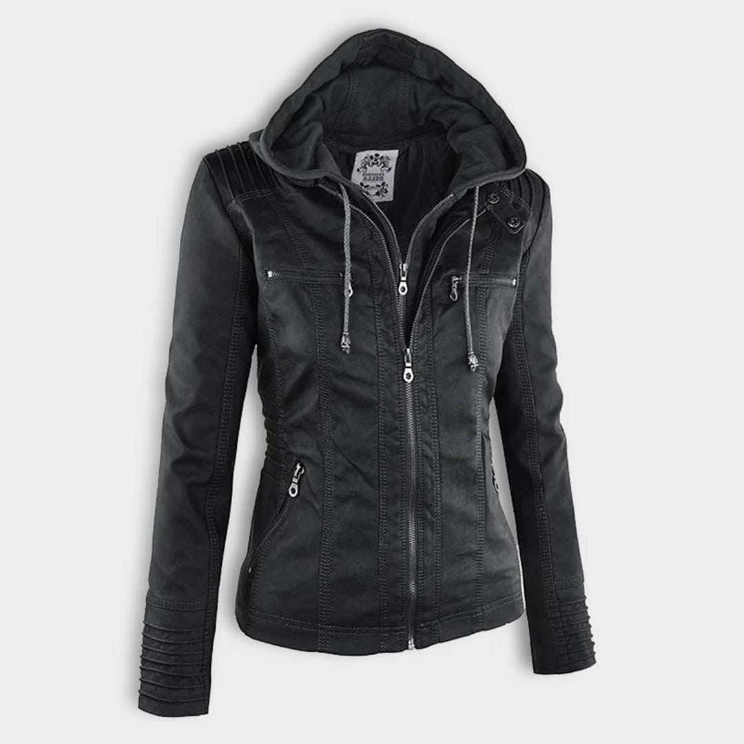 Leren Jas met Capuchon en Ritssluiting voor Dames - Schwarz