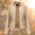 Leren Jas met Ritssluiting voor Dames - Beige