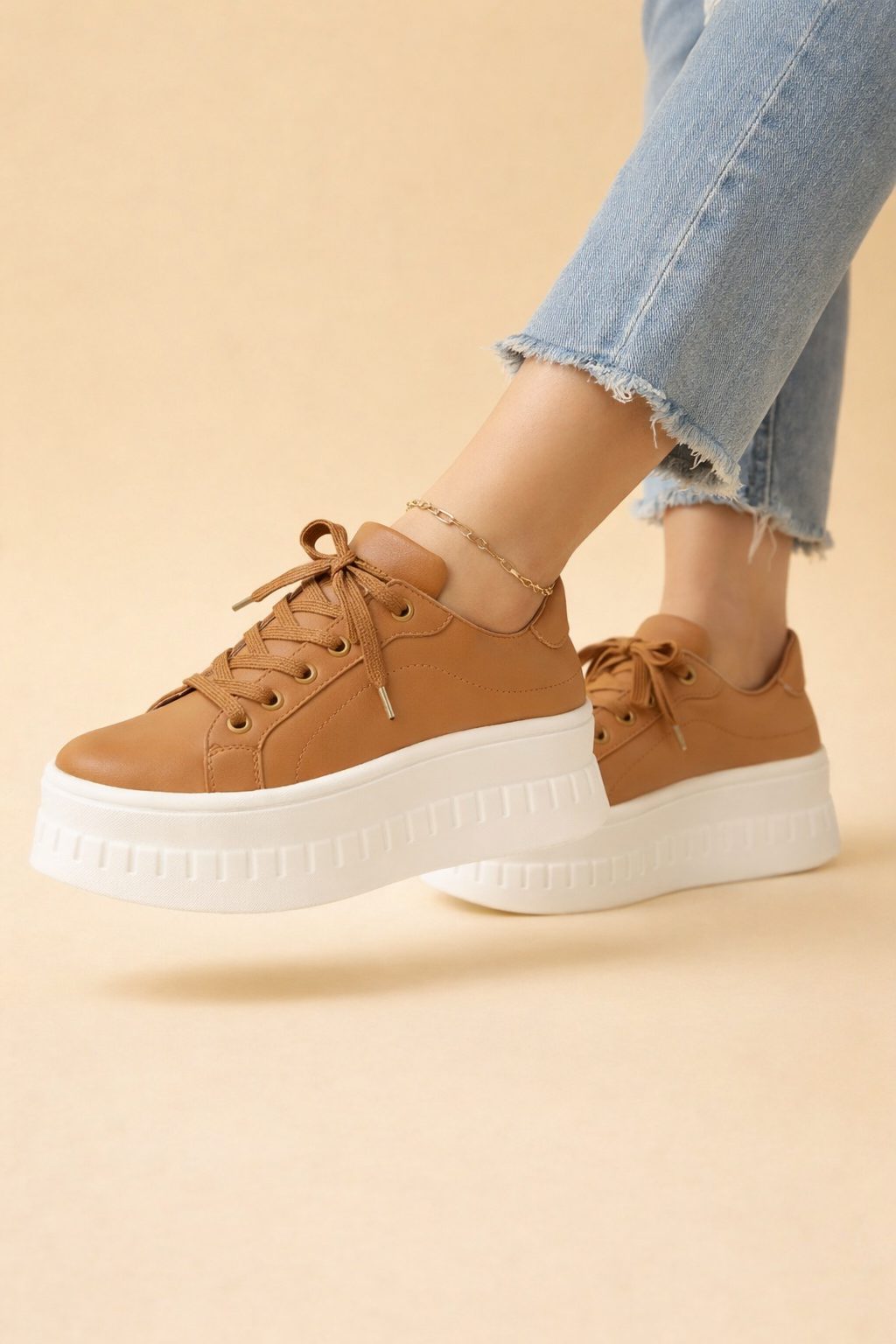 Leren Plateauzool Sneakers met Veters voor Dames - Bruin