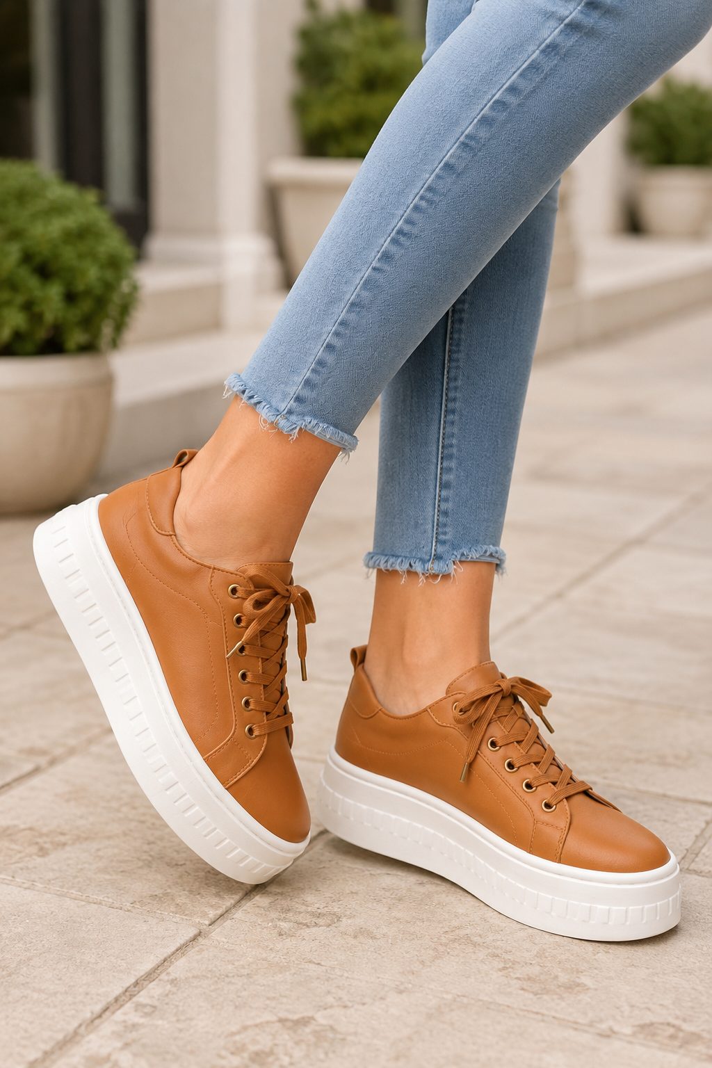 Leren Plateauzool Sneakers met Veters voor Dames