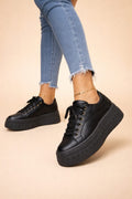 Leren Plateauzool Sneakers met Veters voor Dames - Zwart