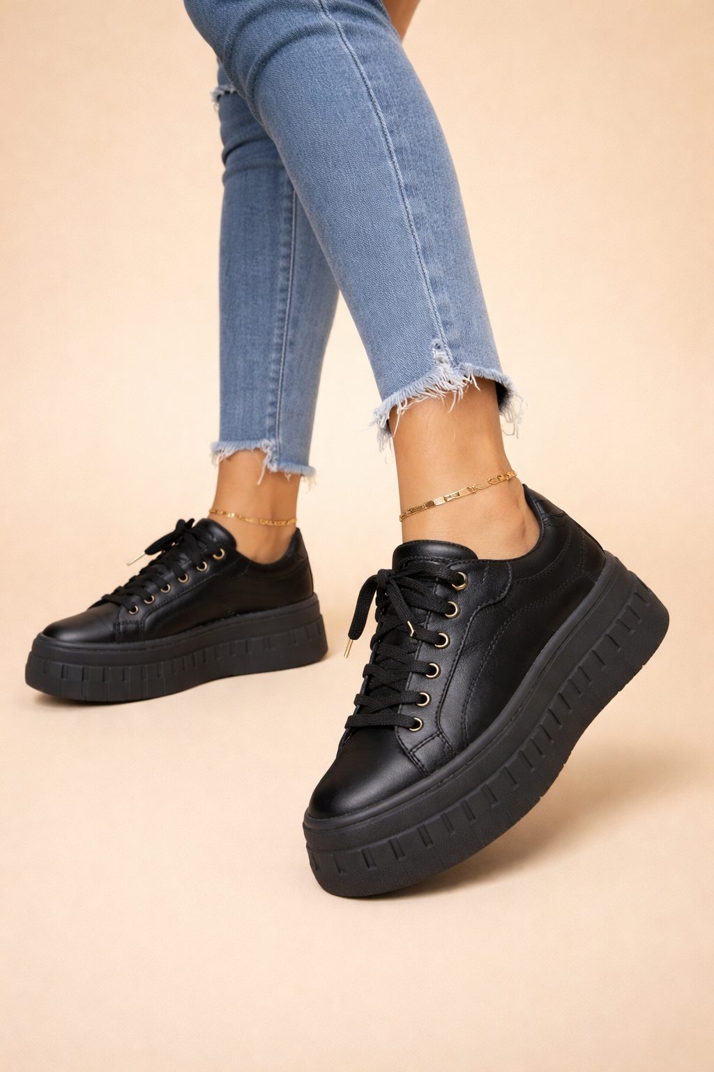 Leren Plateauzool Sneakers met Veters voor Dames - Zwart