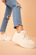 Leren Plateauzool Sneakers met Veters voor Dames - Beige