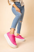 Leren Plateauzool Sneakers met Veters voor Dames - Roze