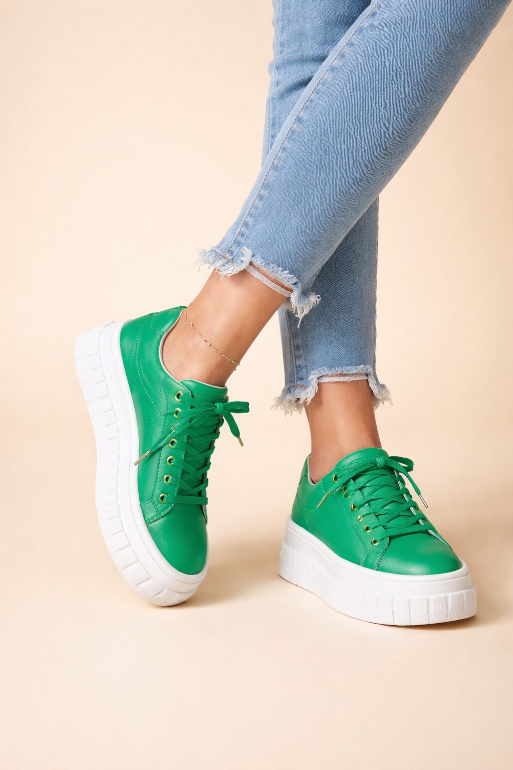 Leren Plateauzool Sneakers met Veters voor Dames - Groen