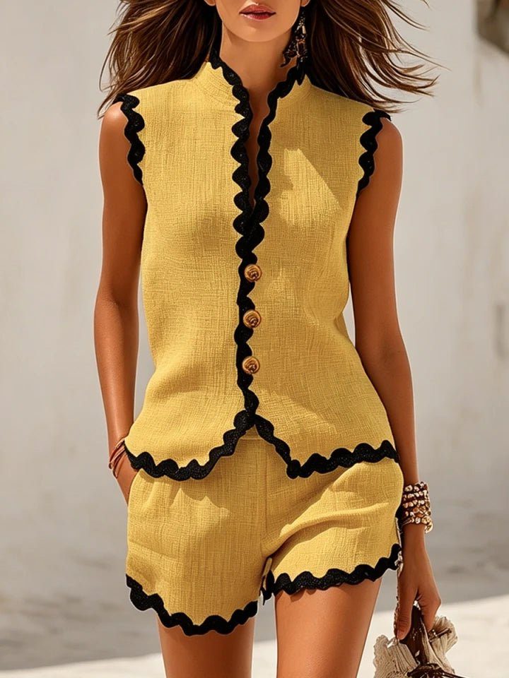Linnen Broekpak met Golfkraag en Knoopsluiting voor Dames - Geel