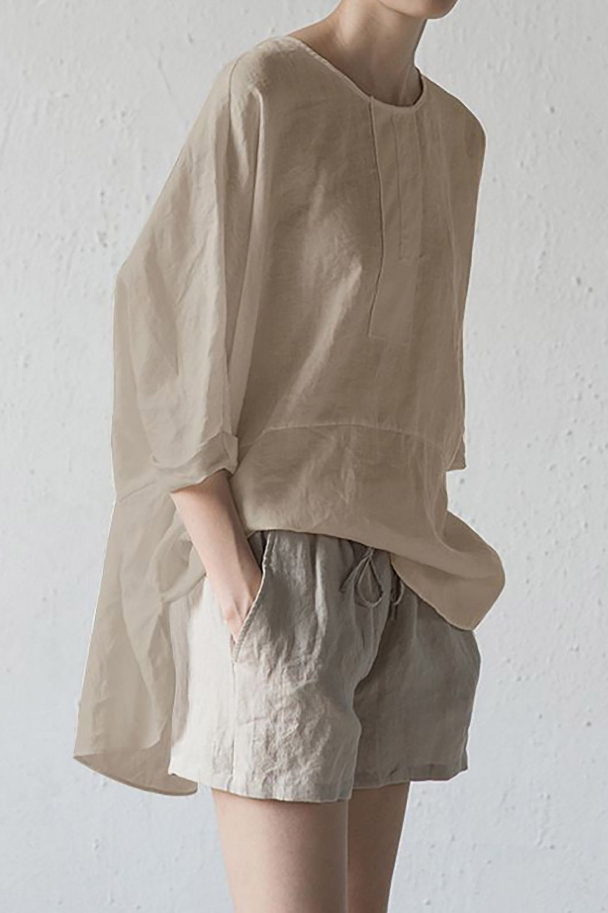 Linnen Cardigan met Korte Mouwen en Ronde Hals voor Dames - Khaki