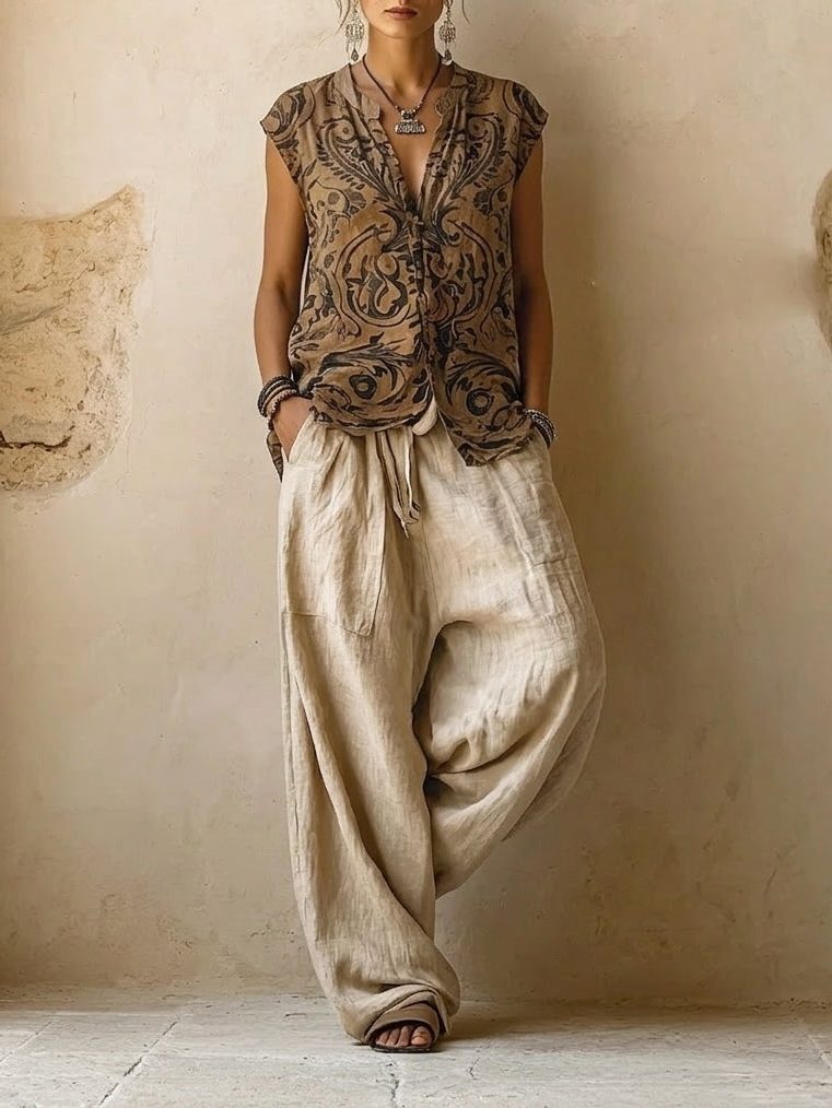 Linnen Driedelige Set met Overslag Blouse voor Dames - View 3