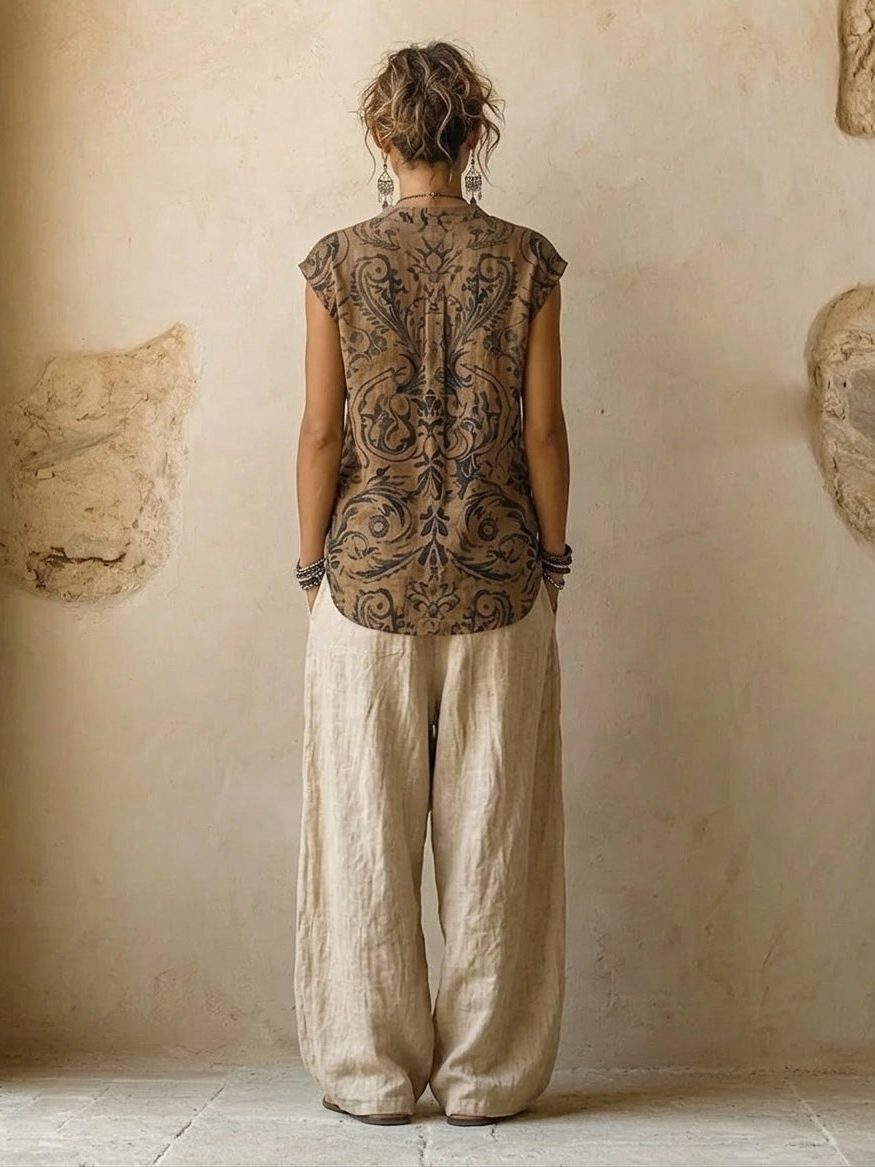 Linnen Driedelige Set met Overslag Blouse voor Dames - View 4