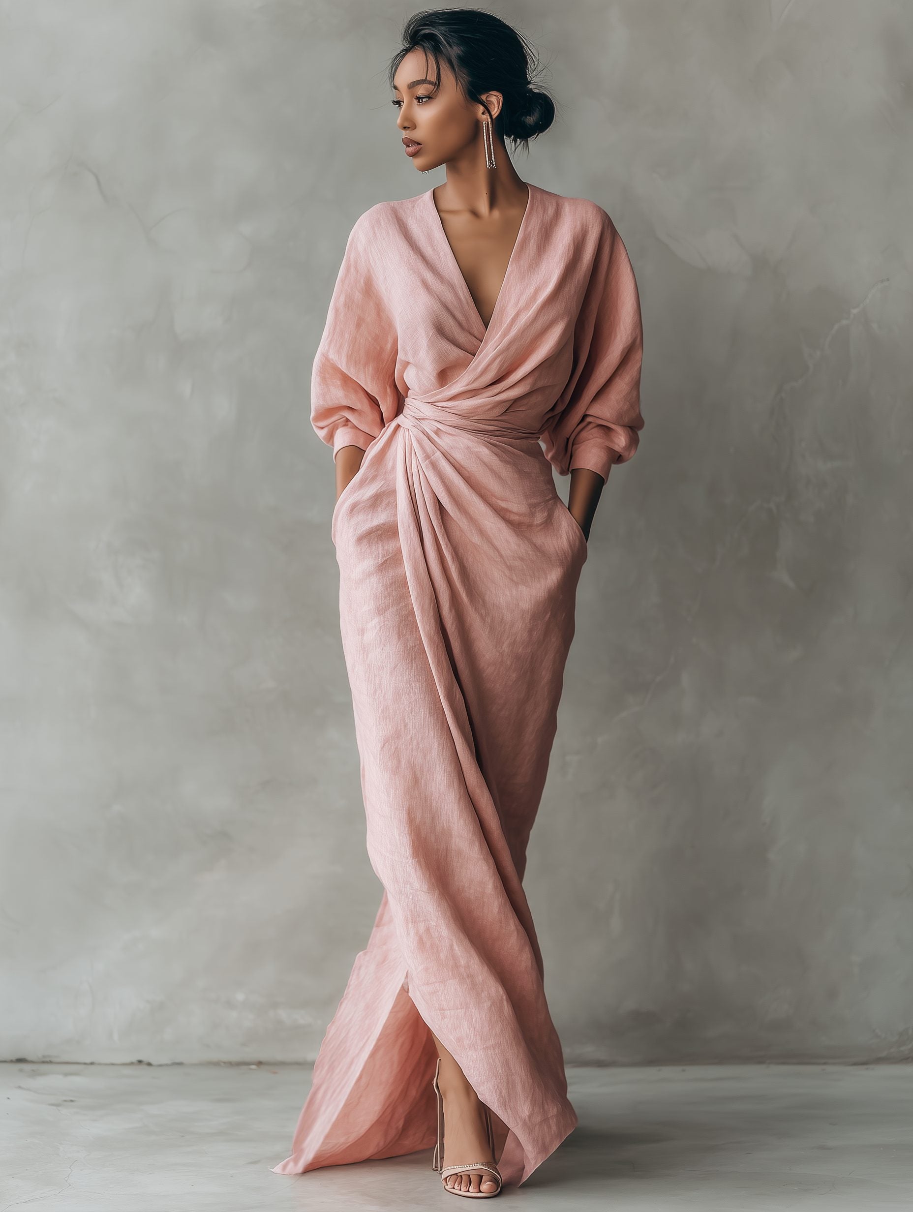 Linnen Maxi Jurk met Watervalhalshals voor Dames - Roze