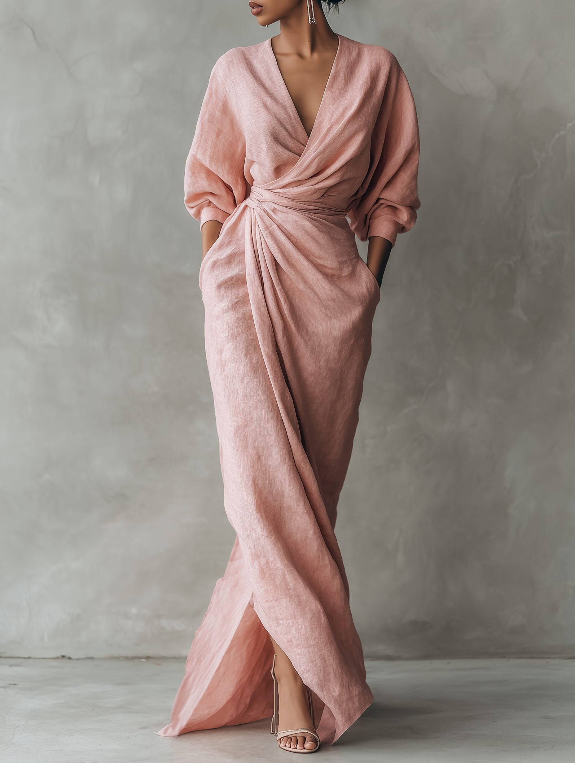 Linnen Maxi Jurk met Watervalhalshals voor Dames - View 13
