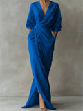 Linnen Maxi Jurk met Watervalhalshals voor Dames - Blauw