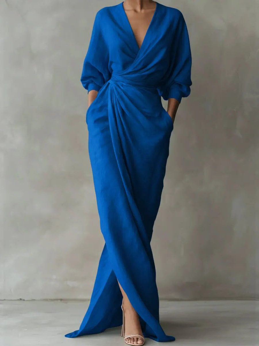 Linnen Maxi Jurk met Watervalhalshals voor Dames - Blauw