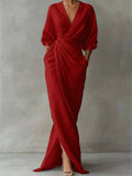 Linnen Maxi Jurk met Watervalhalshals voor Dames - Rood