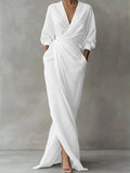 Linnen Maxi Jurk met Watervalhalshals voor Dames - Wit