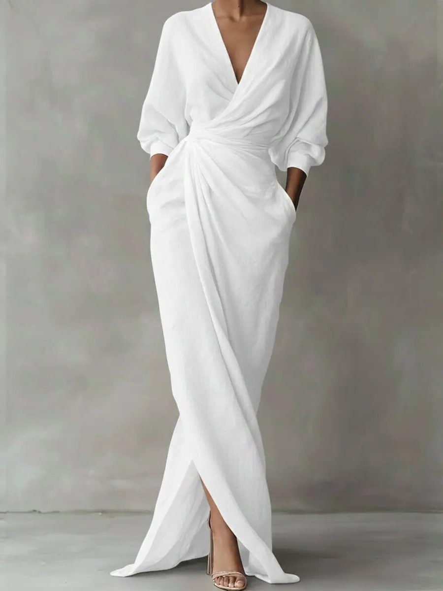 Linnen Maxi Jurk met Watervalhalshals voor Dames - Wit