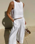Linnen Tweedelige Set met Crop Top voor Dames - Wit