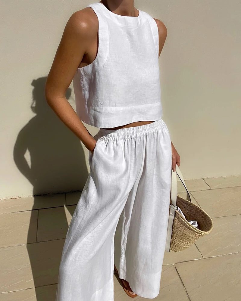 Linnen Tweedelige Set met Crop Top voor Dames - Wit