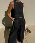 Linnen Tweedelige Set met Crop Top voor Dames - Zwart