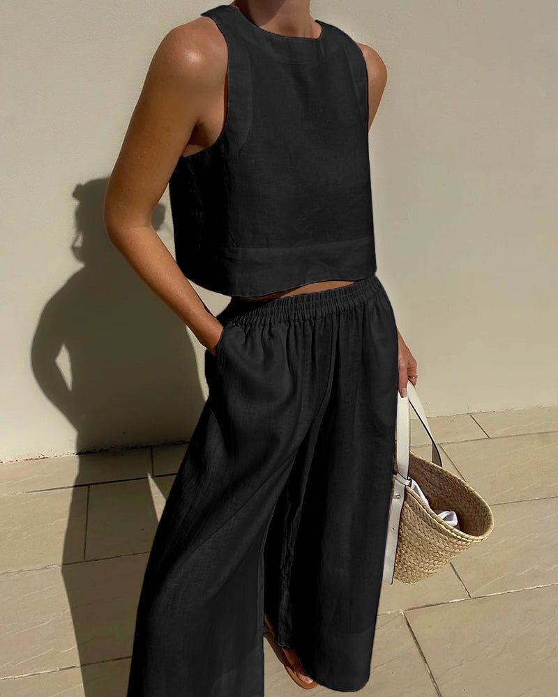 Linnen Tweedelige Set met Crop Top voor Dames - Zwart
