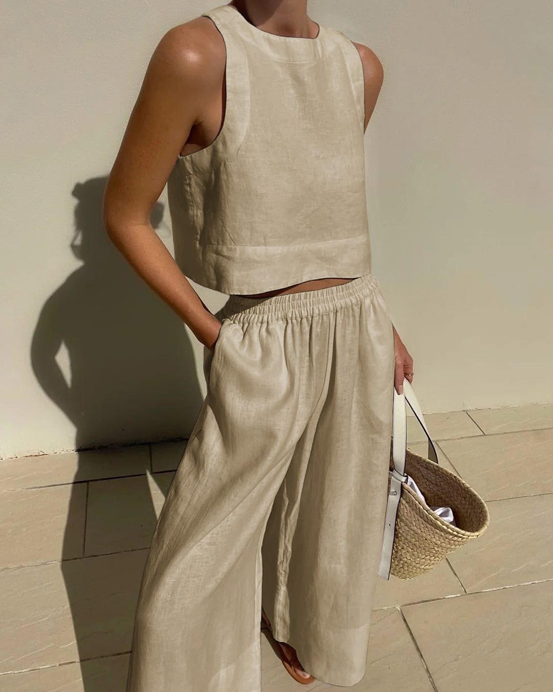 Linnen Tweedelige Set met Crop Top voor Dames - Abrikoos