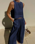 Linnen Tweedelige Set met Crop Top voor Dames - Marineblauw
