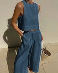 Linnen Tweedelige Set met Crop Top voor Dames - Blauw