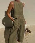 Linnen Tweedelige Set met Crop Top voor Dames - Groen