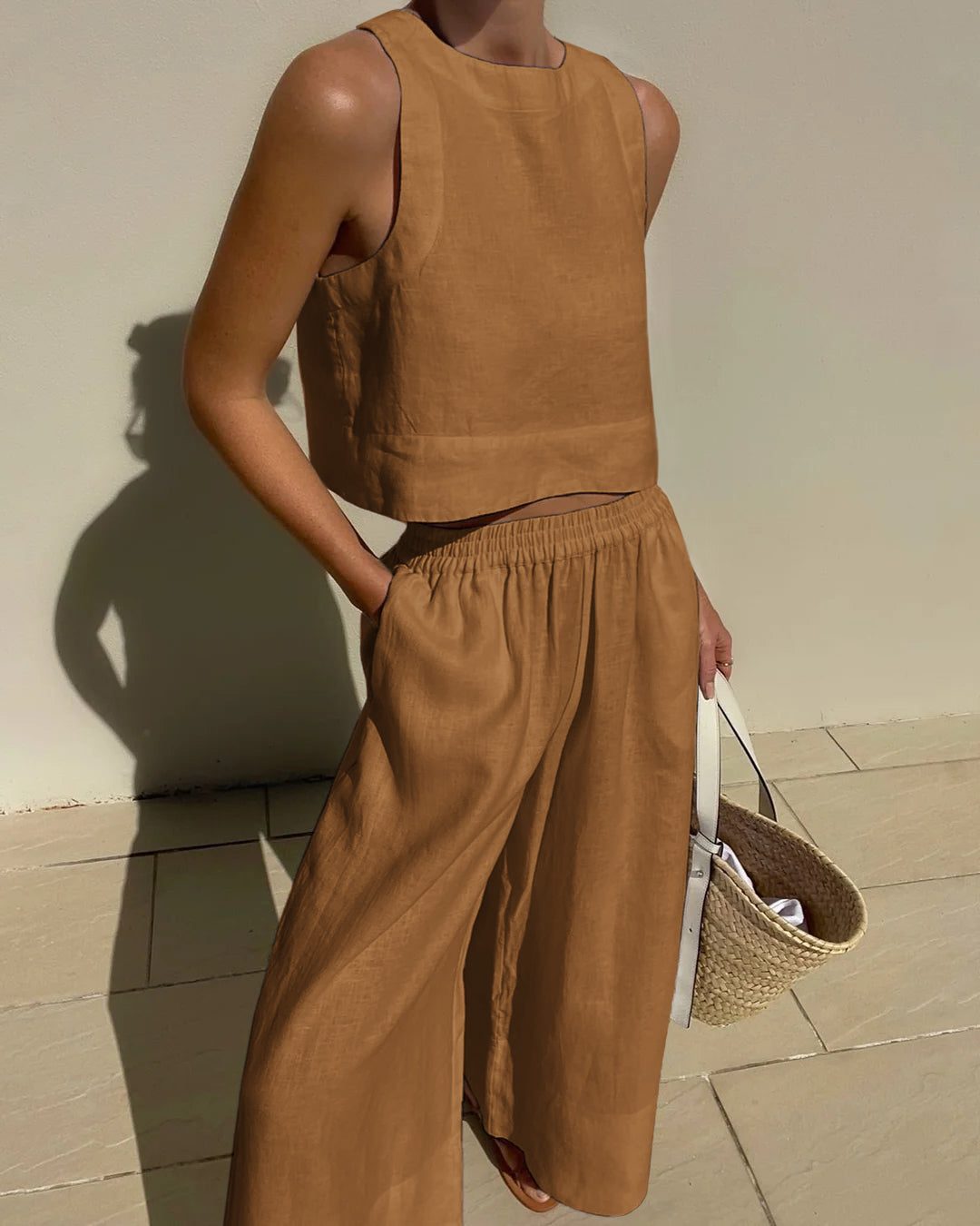 Linnen Tweedelige Set met Crop Top voor Dames - Khaki