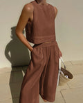 Linnen Tweedelige Set met Crop Top voor Dames - Bruin