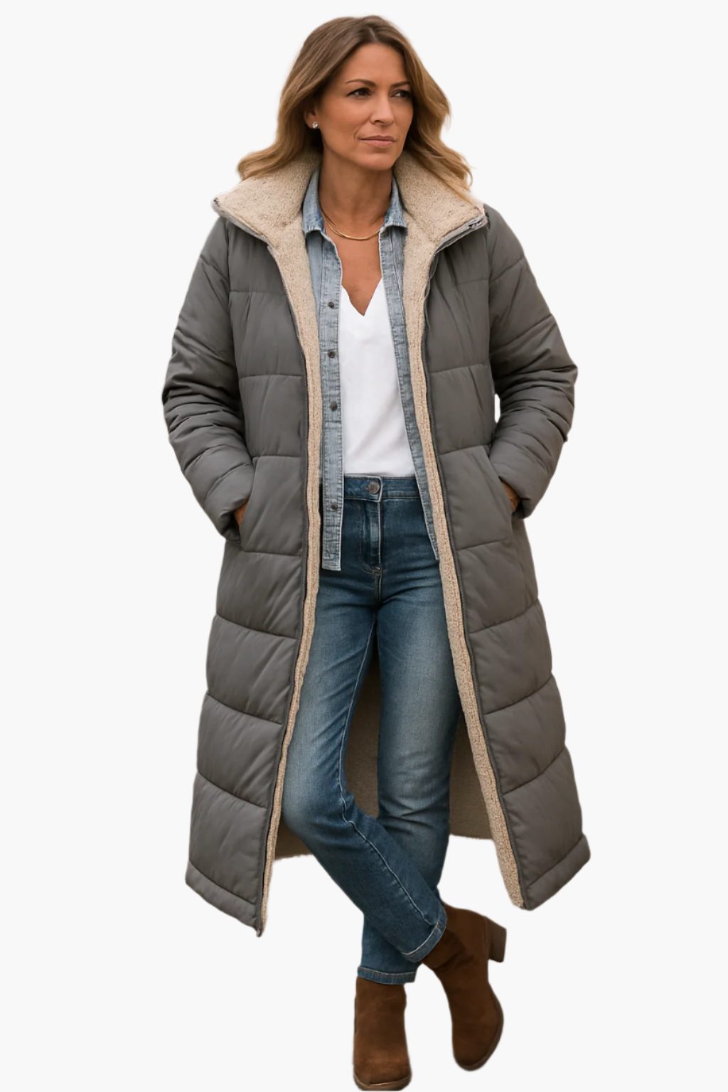 Longline Pufferjack met Sherpa Kraag voor Dames - Grau