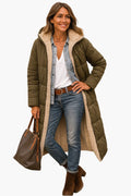 Longline Pufferjack met Sherpa Kraag voor Dames - Armeegrün