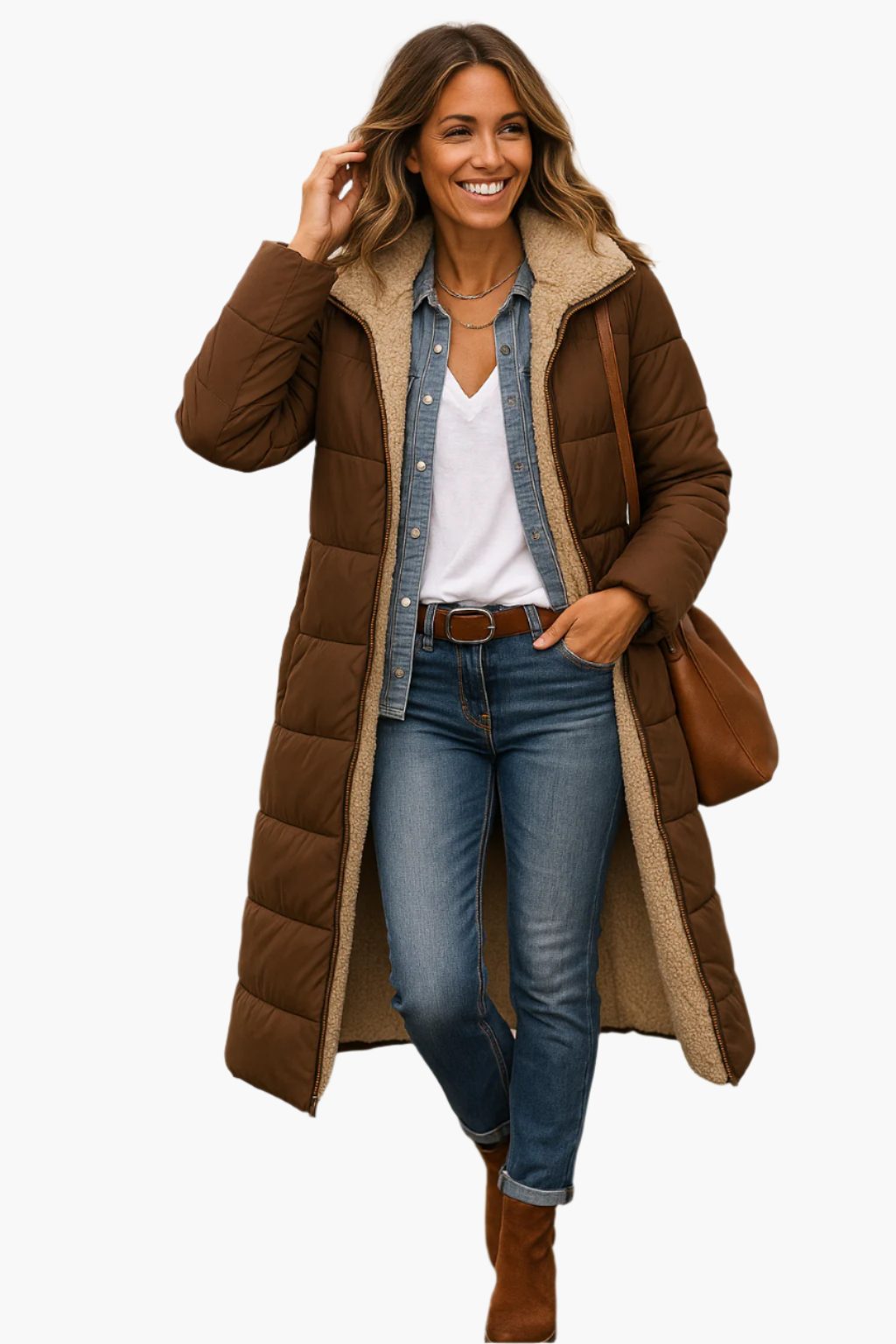 Longline Pufferjack met Sherpa Kraag voor Dames - Braun