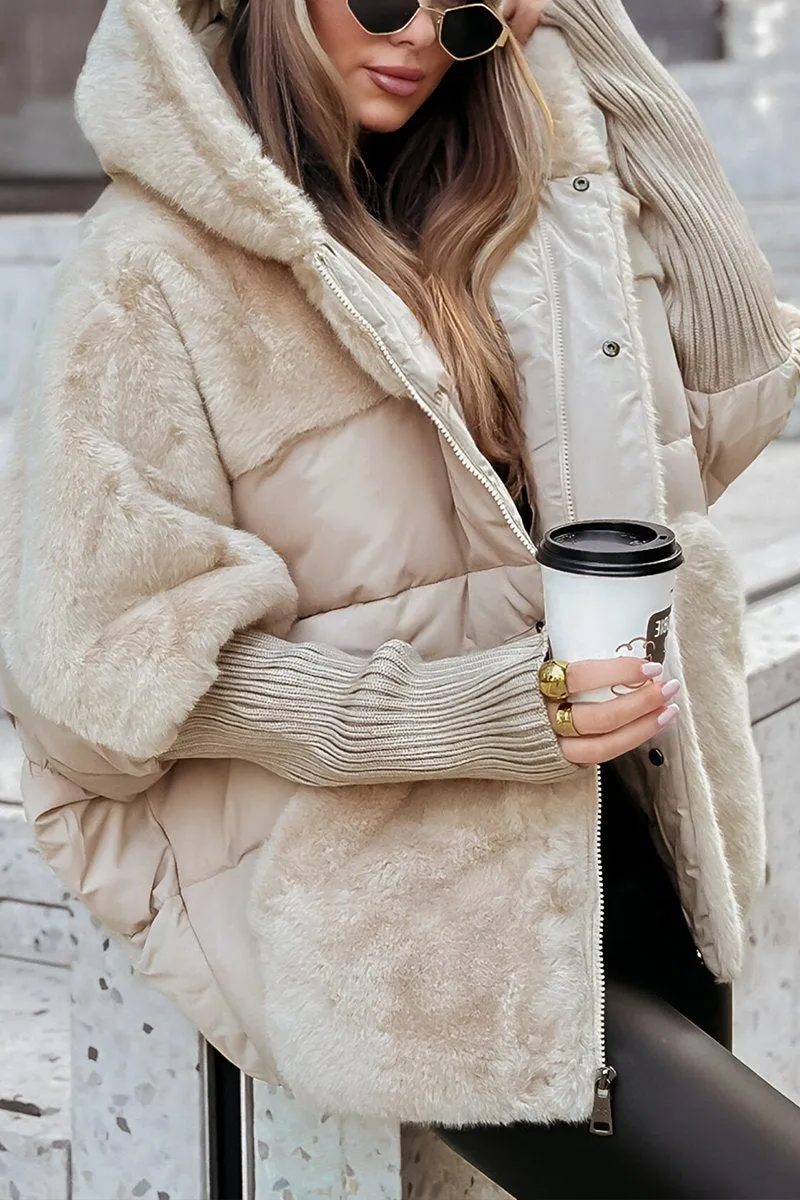 Matelassé Winterjas met Capuchon en Bont voor Dames - Beige