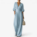 Maxi Jumpsuit met V-Hals en Geplooide Taille voor Dames - Lichtblauw