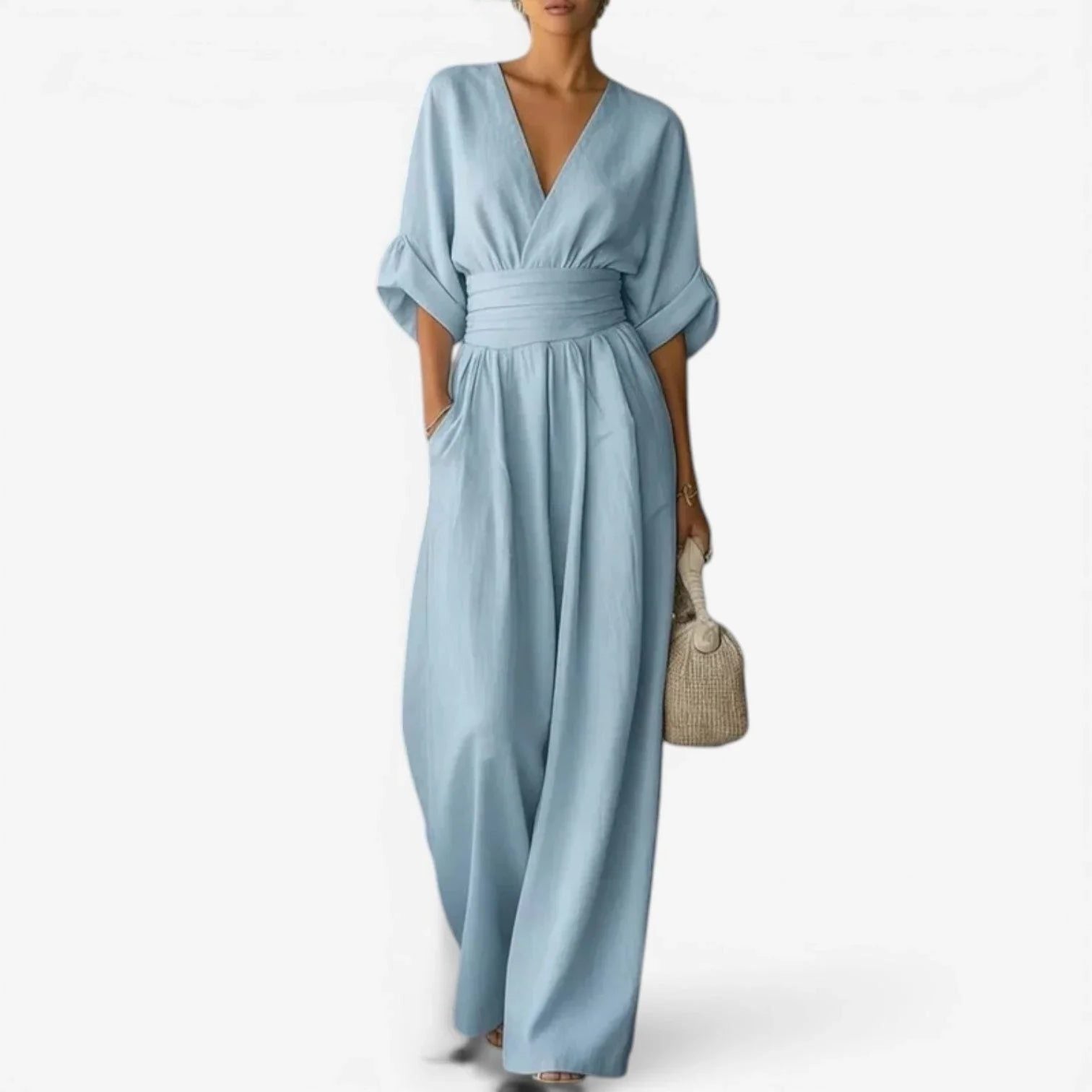 Maxi Jumpsuit met V-Hals en Geplooide Taille voor Dames - Lichtblauw