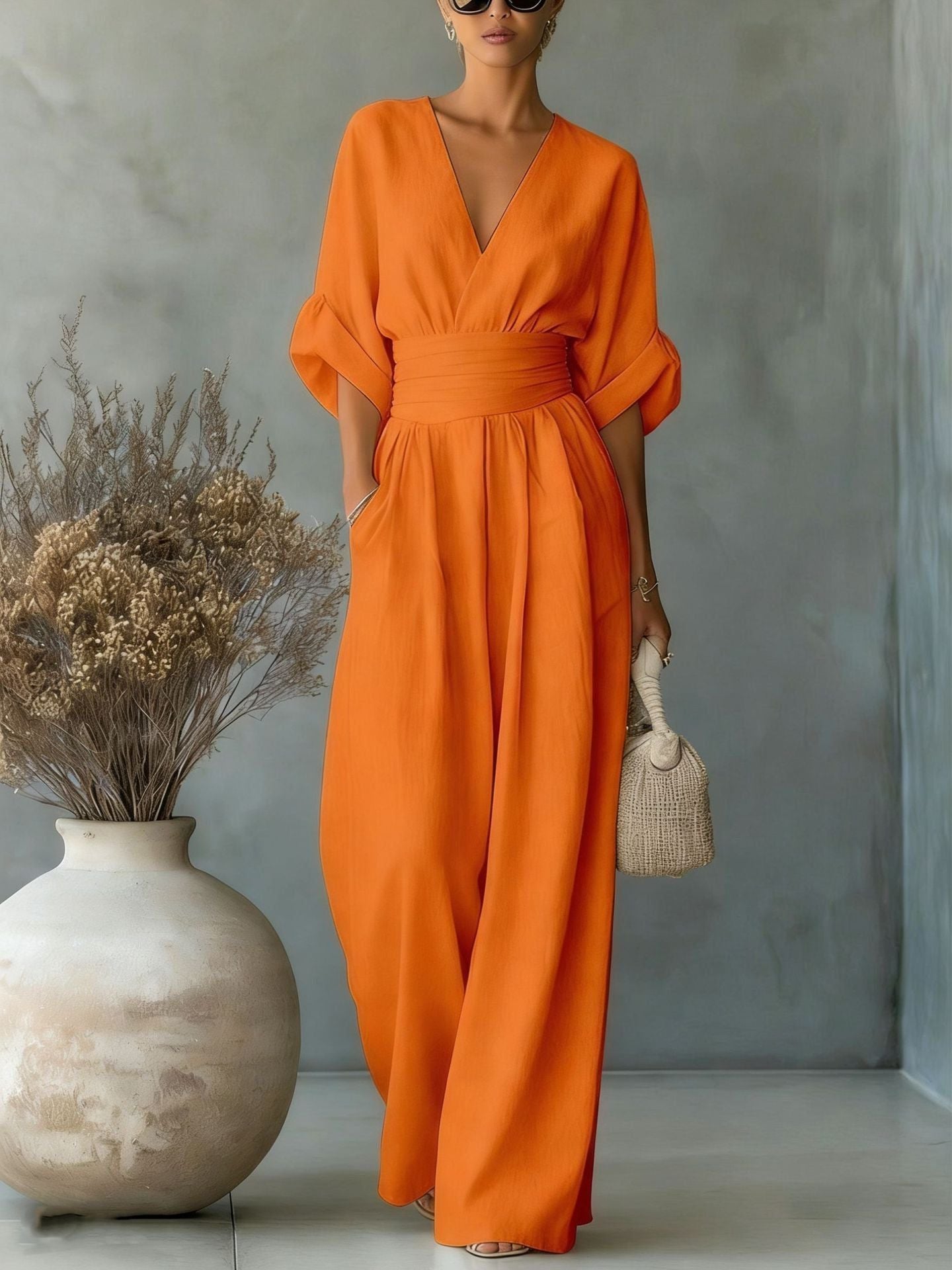 Maxi Jumpsuit met V-Hals en Geplooide Taille voor Dames - Oranje