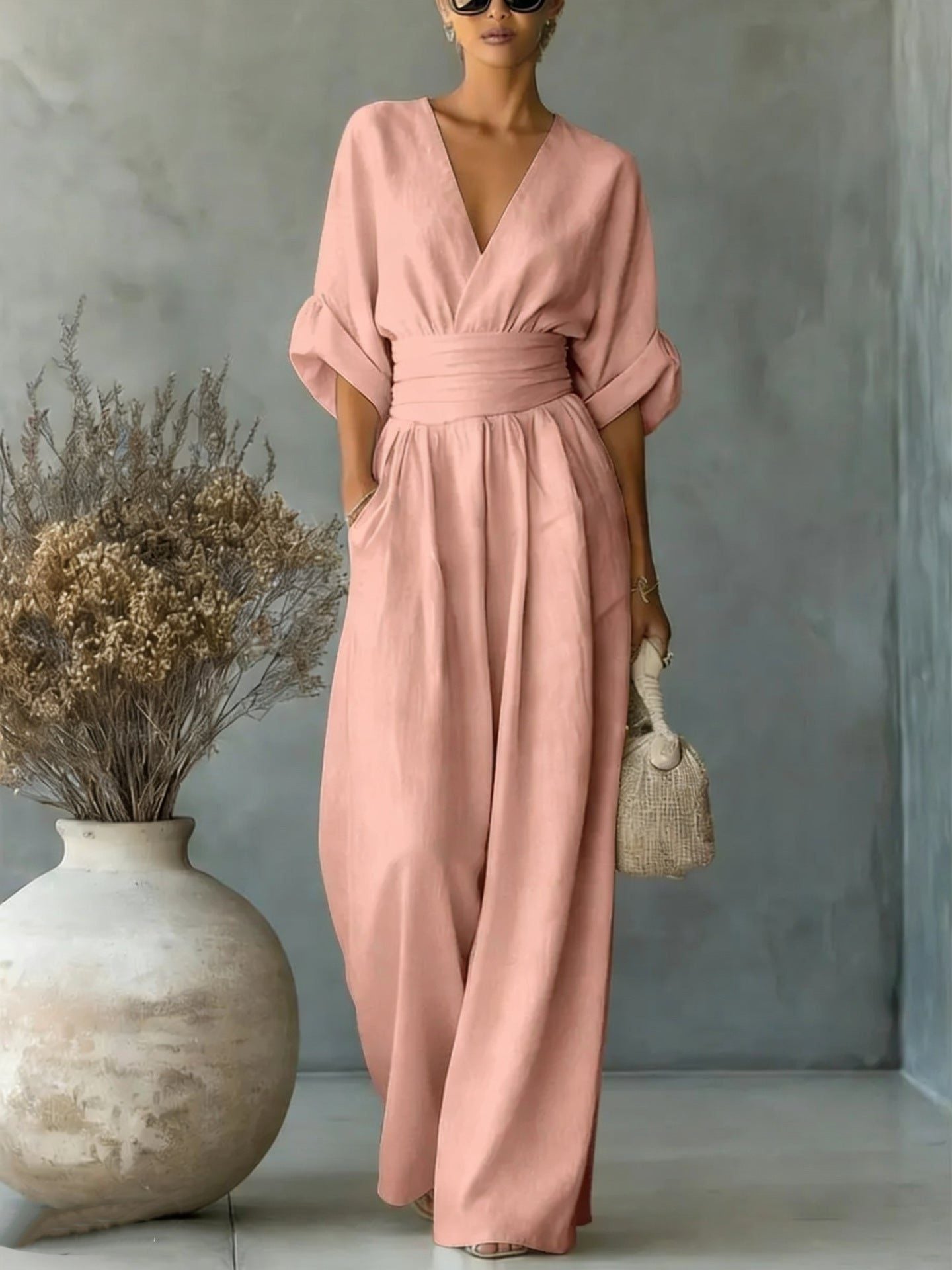 Maxi Jumpsuit met V-Hals en Geplooide Taille voor Dames - Roze